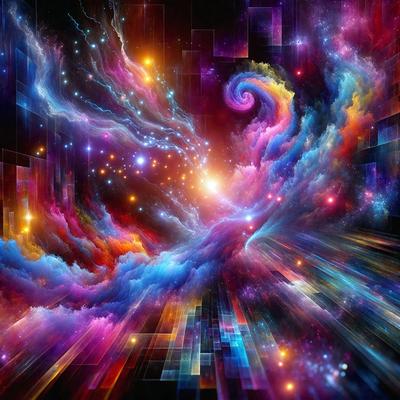 The primary subject of the image is a vibrant and colorful digital art piece featuring a spiral pattern. The setting is a space with a backdrop of a colorful, swirling pattern. The visual style is digital art, and the dominant colors are purple, blue, and orange. The overall atmosphere is lively and energetic, with the spiral pattern creating a sense of movement and dynamism.